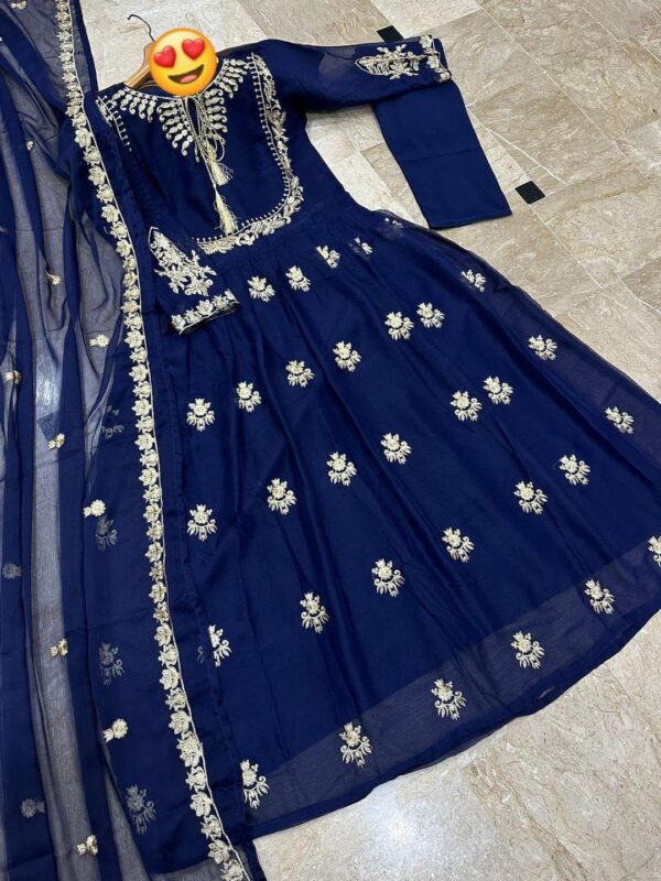 3 Pcs Women Stitched Embroidered Blue Maxi And Trouser