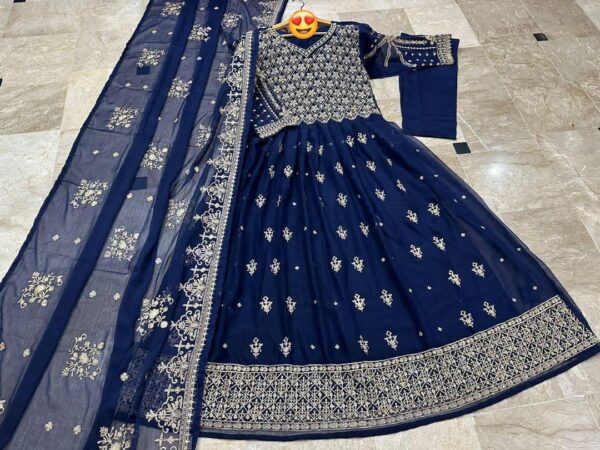 3 Pcs Women's Stitched Embroidered Blue Maxi Suit
