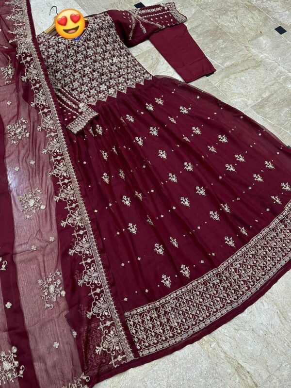 3 Pcs Women’s Stitched Embroidered Maroon Maxi Suit