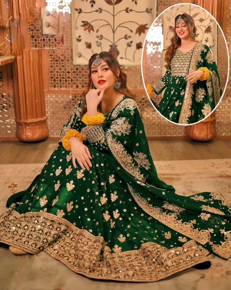 3 Pcs Women’s Stitched Embroidered Green Maxi Suit