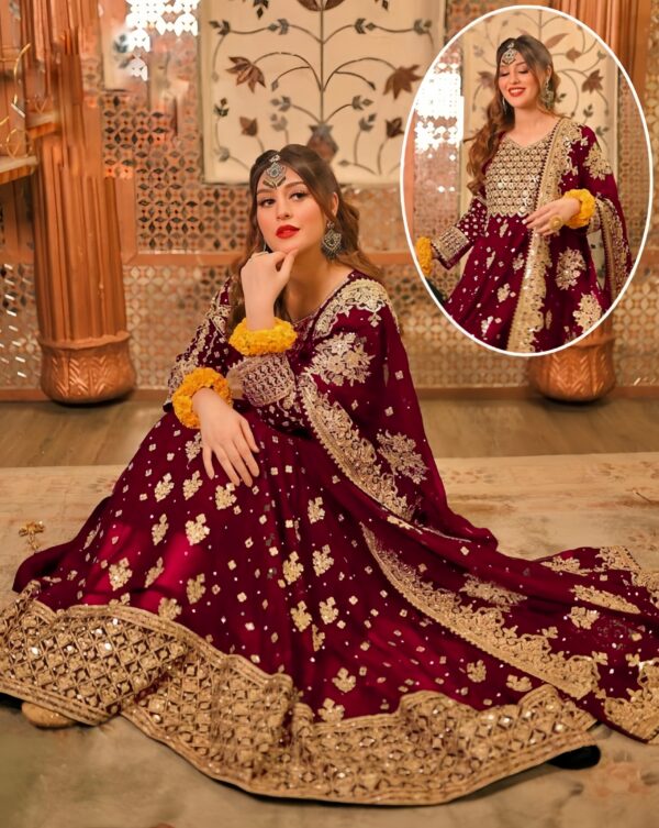 3 Pcs Women’s Stitched Embroidered Maroon Maxi Suit