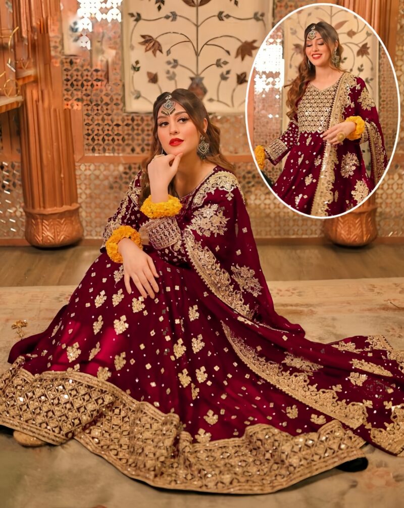 3 Pcs Women’s Stitched Embroidered Maroon Maxi Suit