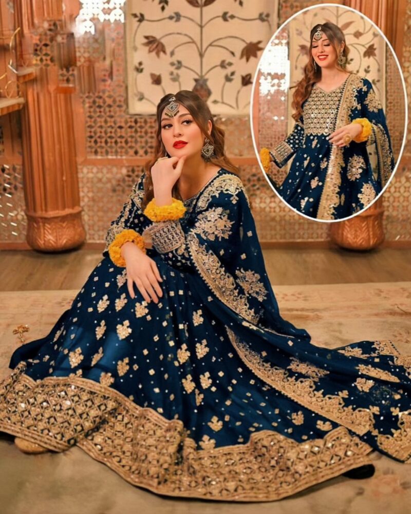 3 Pcs Women's Stitched Embroidered Blue Maxi Suit