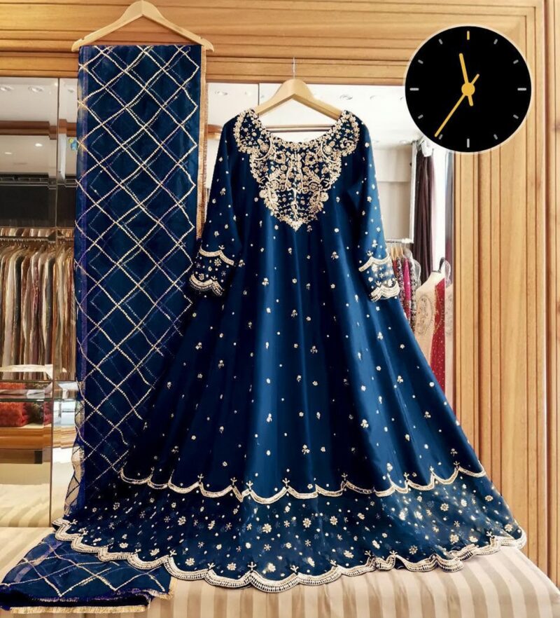 3 Pcs Women’s Stitched Patch Work Blue Maxi Suit