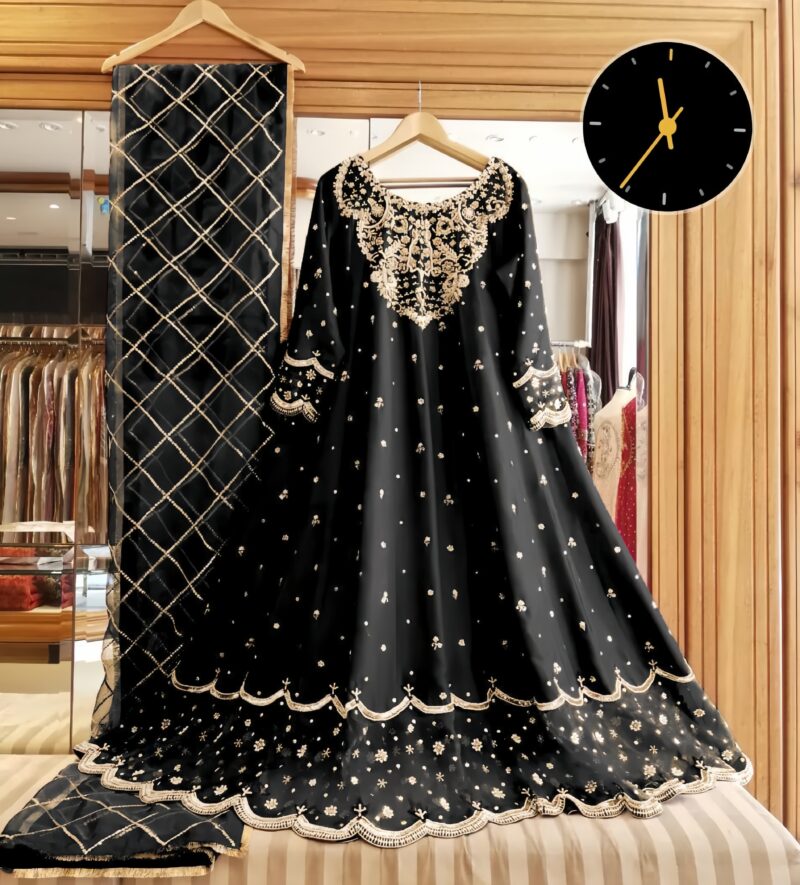 3 Pcs Women’s Stitched Patch Work Black Maxi Suit