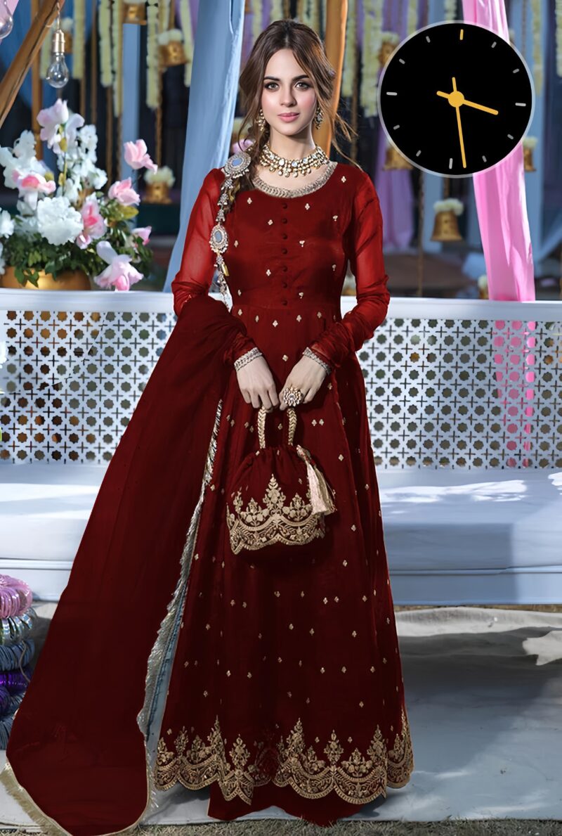 4 Pcs Women’s Stitched Embroidered Red Maxi And Trouser
