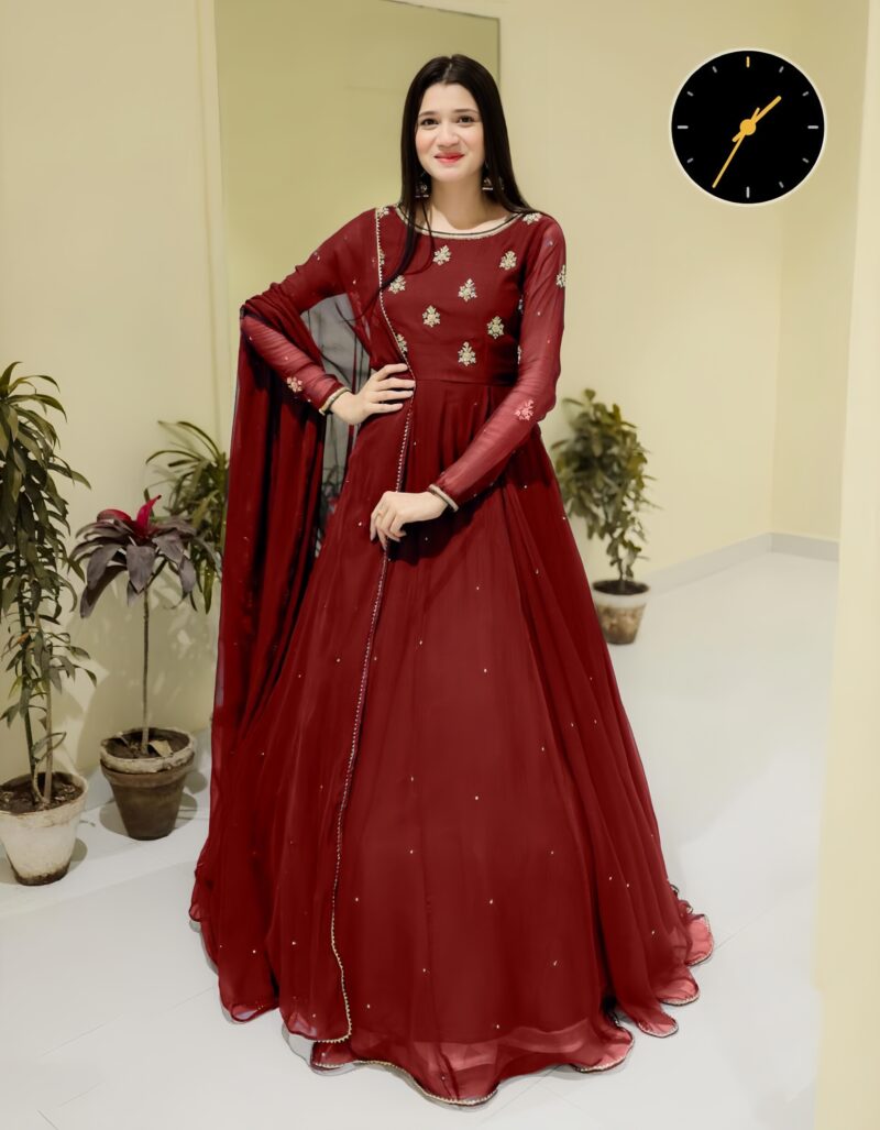 3 Pcs Embroidered Stunning Red Chiffon Maxi Suit